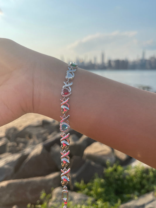 Silver Multi-Gem Heart Bracelet