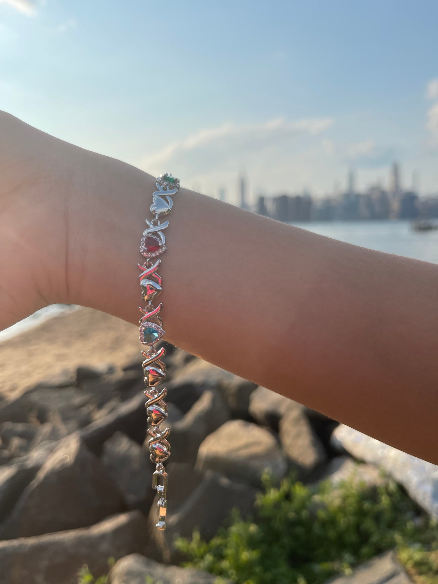 Silver Multi-Gem Heart Bracelet