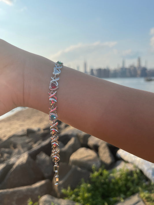 Silver Multi-Gem Heart Bracelet