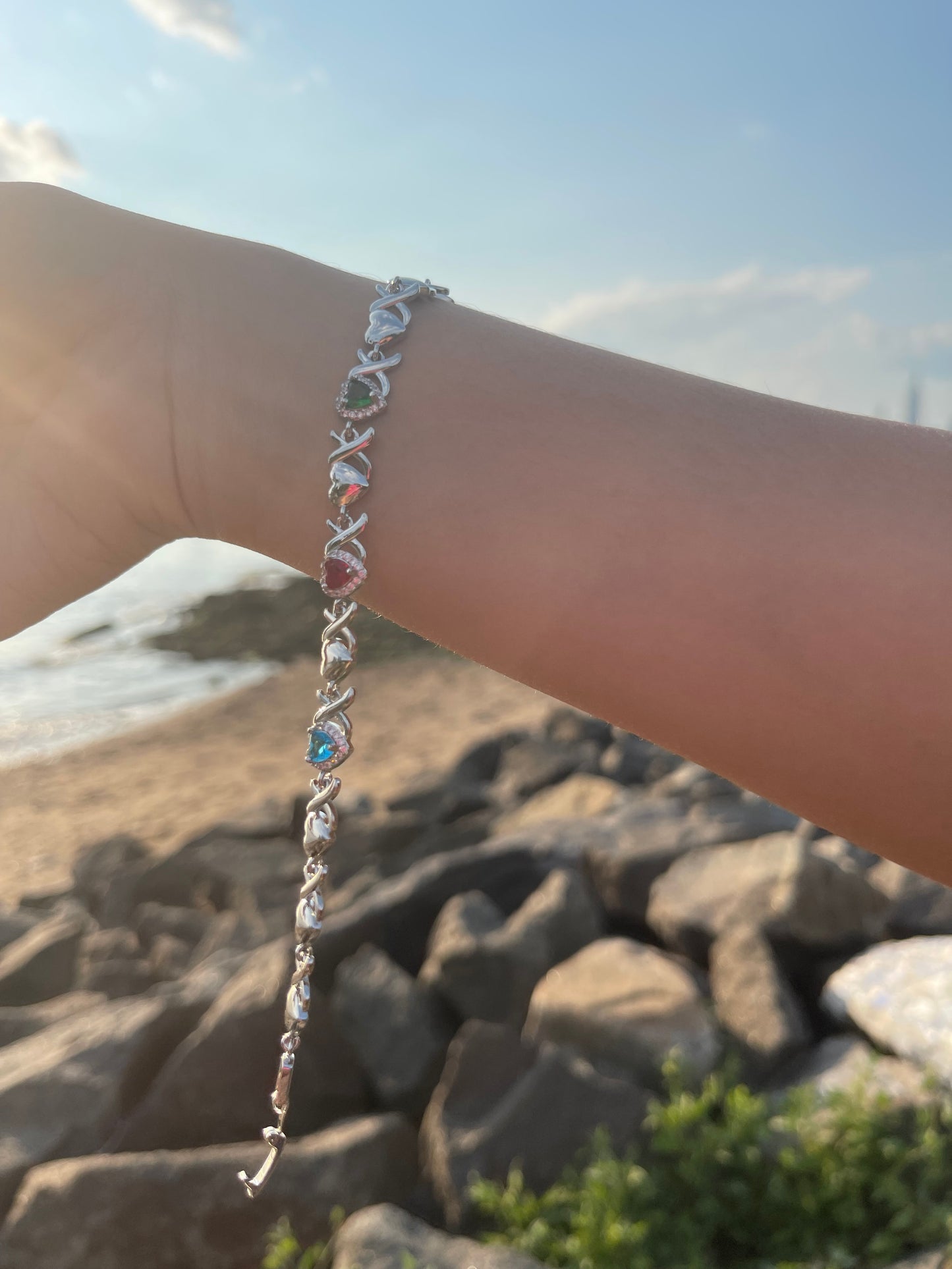 Silver Multi-Gem Heart Bracelet